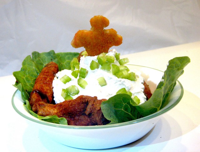 Beth's version is topped with a dinosaur chicken nugget